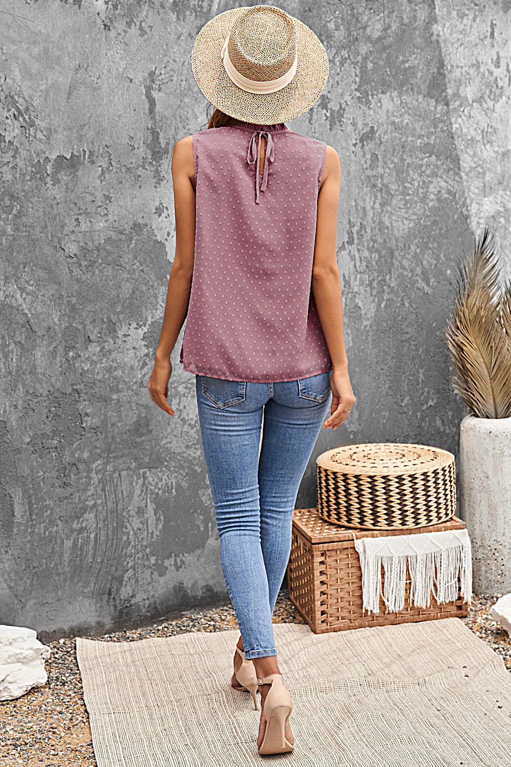 Green Swiss Dot Smocked Crew Neck Tank