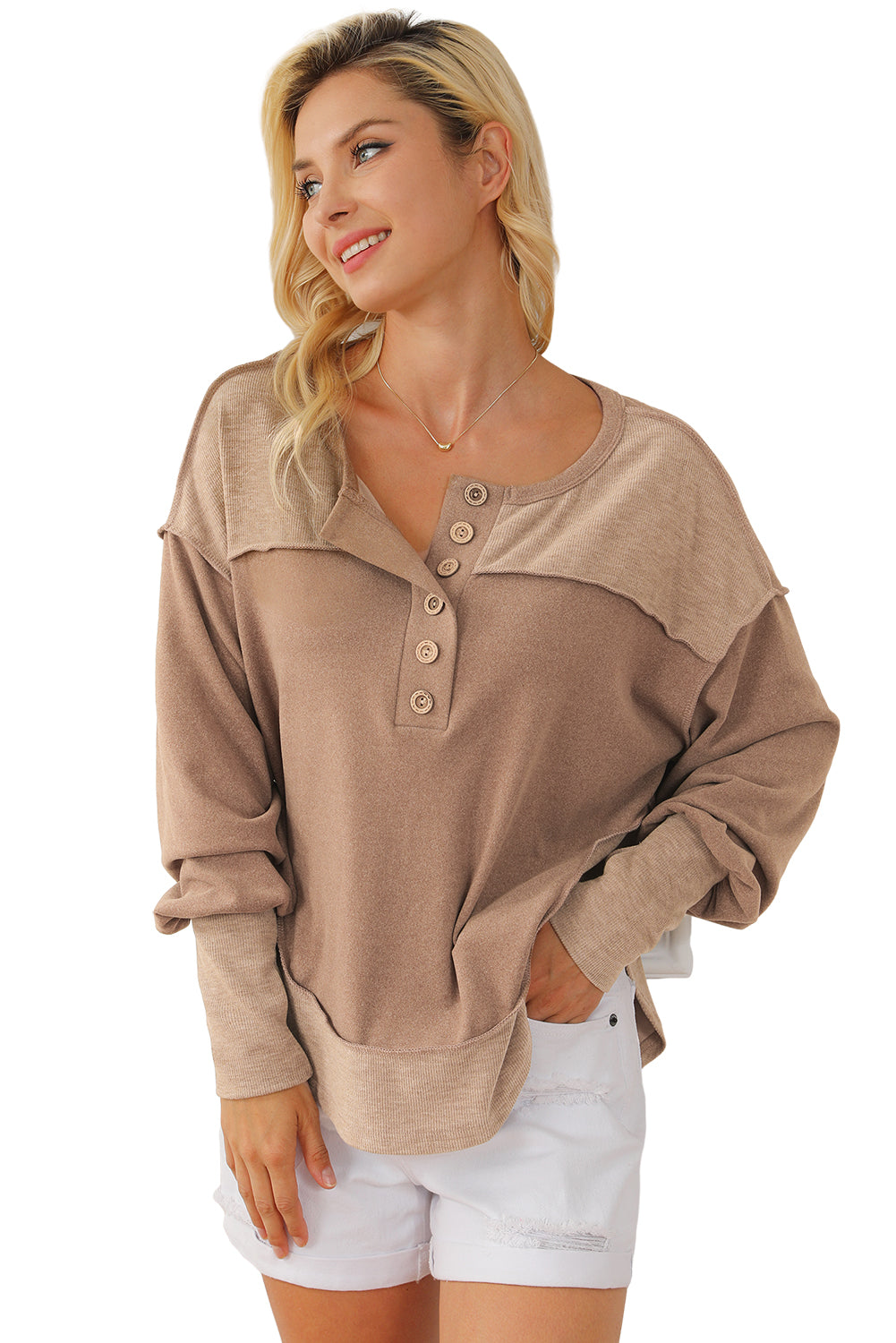 Dark Brown Exposed Seam Ribbed Thumbhole Sleeve Buttoned Sweatshirt