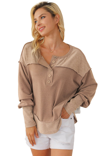 Dark Brown Exposed Seam Ribbed Thumbhole Sleeve Buttoned Sweatshirt