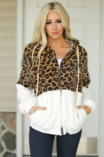 Leopard Color Block Sherpa Zip Up Coat