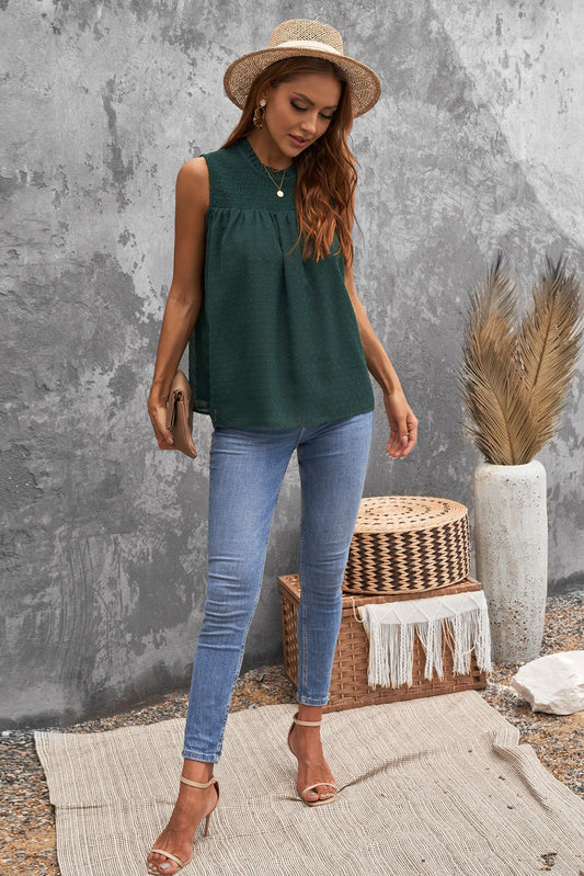 Green Swiss Dot Smocked Crew Neck Tank