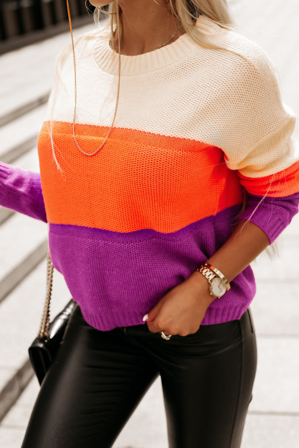 Brown Stripe Color Block Drop Shoulder Round Neck Knit Sweater