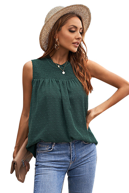 Green Swiss Dot Smocked Crew Neck Tank