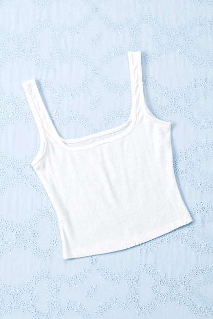 White Ribbed Knit Skinny Square Neck Tank Top