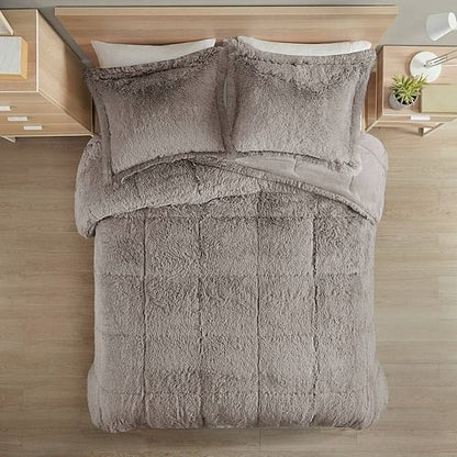 Full/Queen Grey Soft Sherpa Faux Fur 3-Piece Comforter Set with Pillow