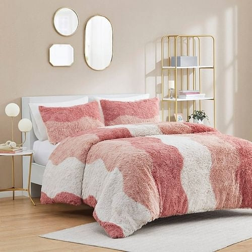 Full/Queen Pink Blush White Reversible Soft Sherpa Faux Fur 3-PC