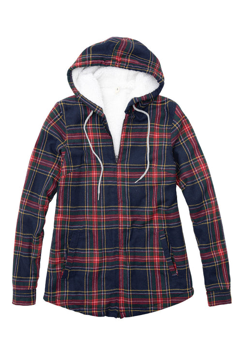 Women's Sherpa-Lined Flannel Jacket Full Zip Up Hooded Plaid Shirt