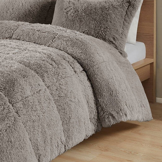 Twin/Twin XL Grey Soft Sherpa Faux Fur 2-Piece Comforter Set with