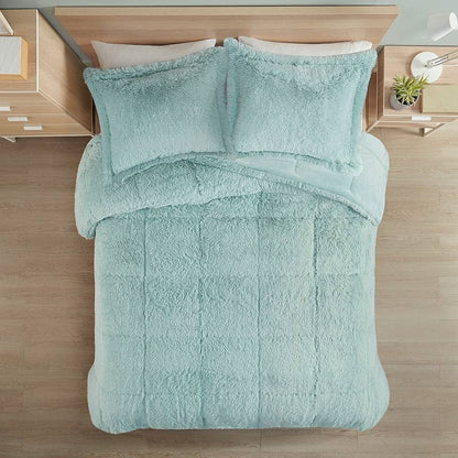 King/CAL King Soft Sherpa Faux Fur 3-Piece Comforter Set in Light Teal