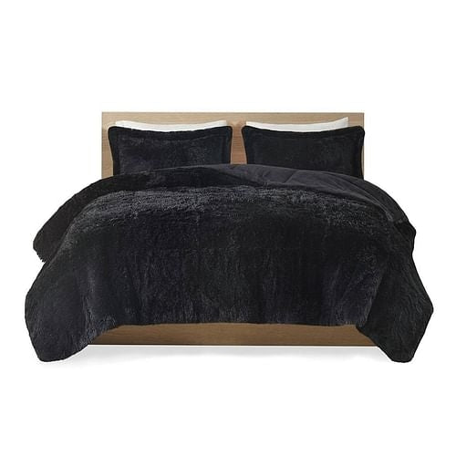 Twin/Twin XL Black Soft Sherpa Faux Fur 2-Piece Comforter Set with