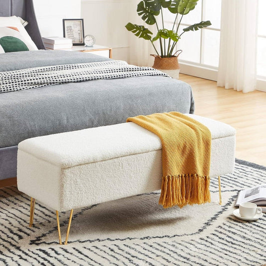 White Sherpa Fabric Upholstered End of Bed Storage Bench with Gold