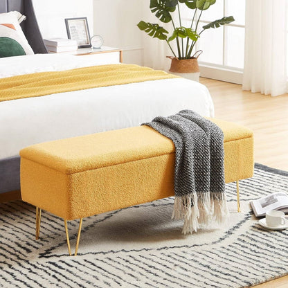 Yellow Sherpa Fabric Upholstered End of Bed Storage Bench with Gold