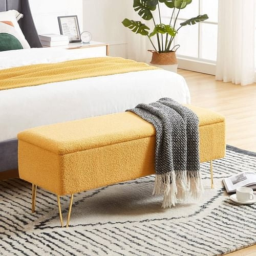 Yellow Sherpa Fabric Upholstered End of Bed Storage Bench with Gold