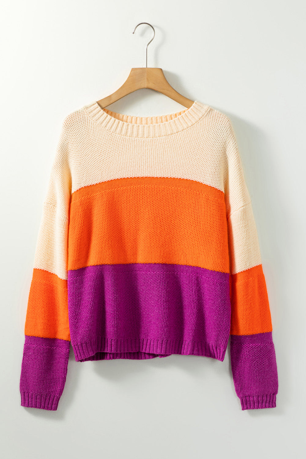 Brown Stripe Color Block Drop Shoulder Round Neck Knit Sweater