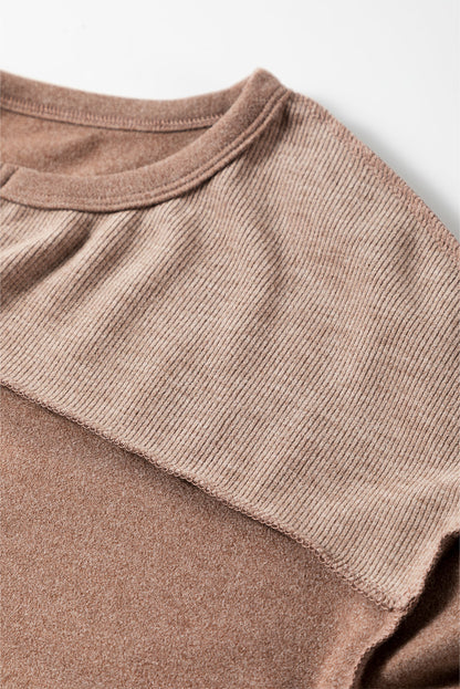 Dark Brown Exposed Seam Ribbed Thumbhole Sleeve Buttoned Sweatshirt