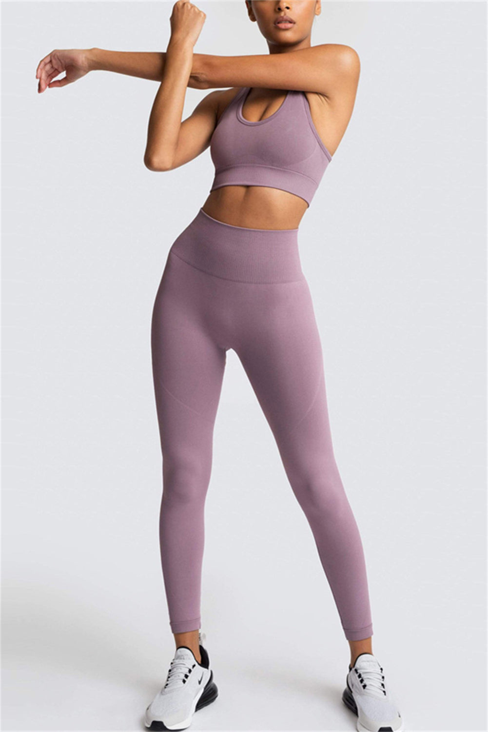 Dark Brown Solid Color Sports Bra and High Waist Leggings Active Set