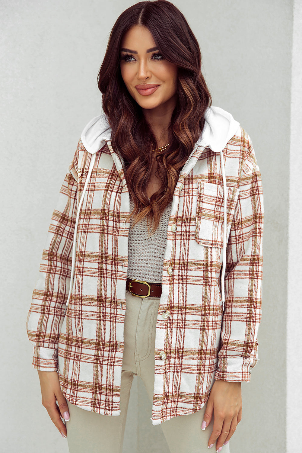 Fiery Red Sherpa Lined Hooded Plaid Jacket