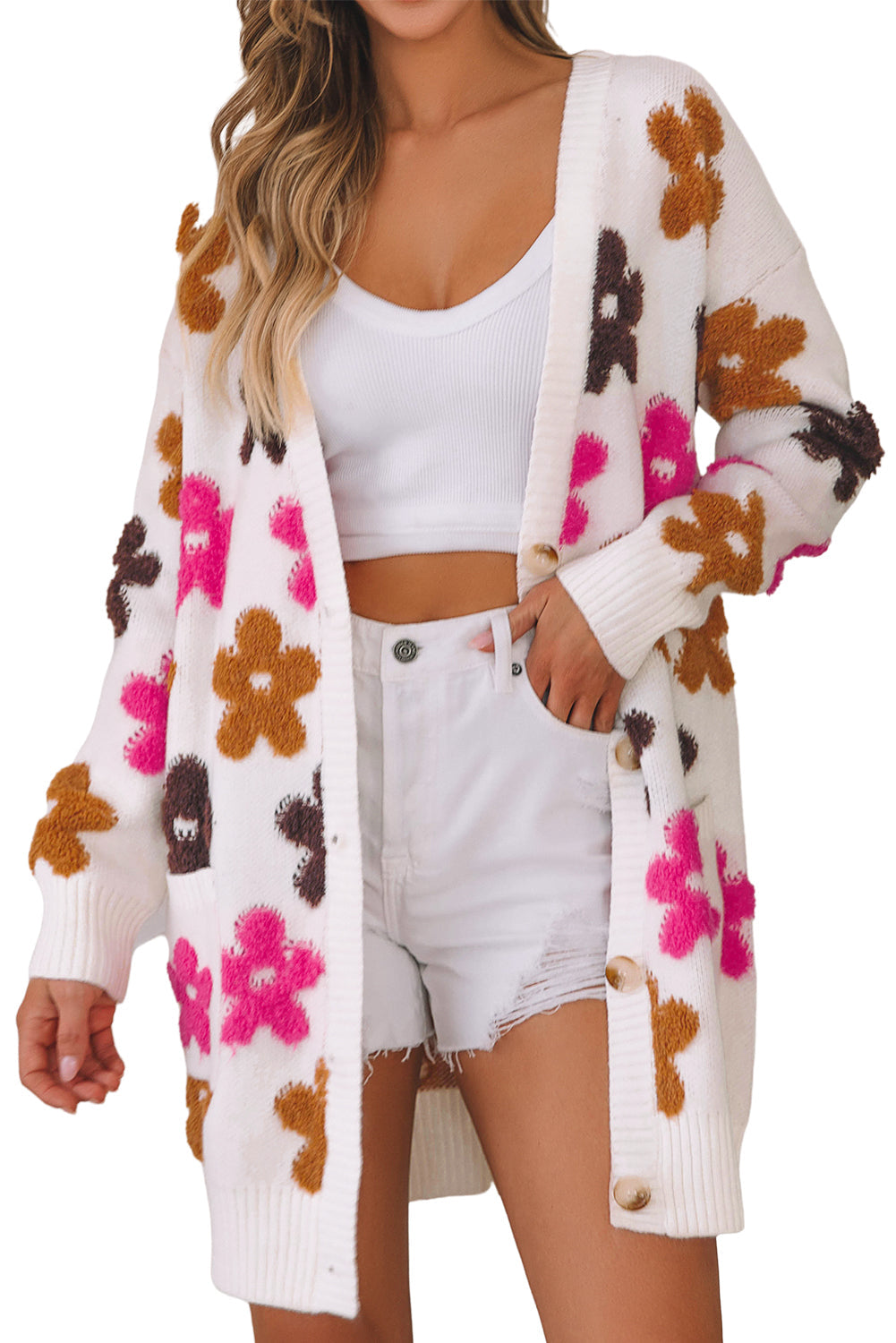 White Flower Pattern Pocket Buttoned Cardigan