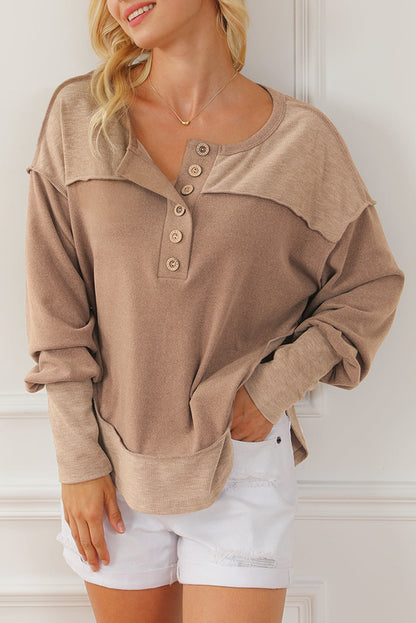 Dark Brown Exposed Seam Ribbed Thumbhole Sleeve Buttoned Sweatshirt