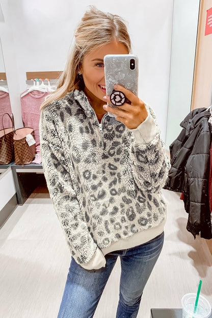 1/4 Zip Elastic Cuff Fashion Print Sherpa Pullover