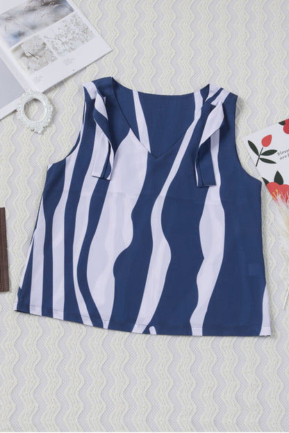 Blue Abstract Striped V Neck Knotted Straps Tank Top