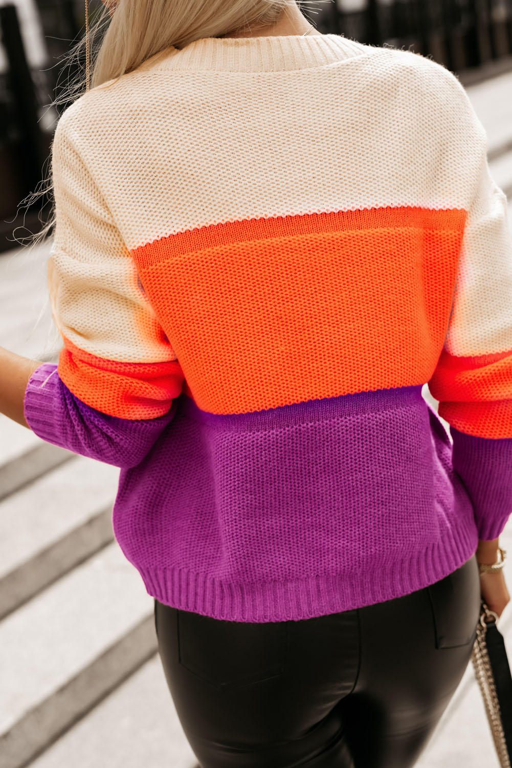 Brown Stripe Color Block Drop Shoulder Round Neck Knit Sweater
