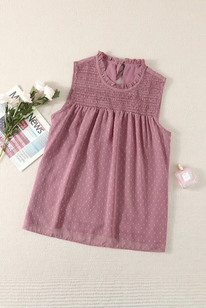Green Swiss Dot Smocked Crew Neck Tank