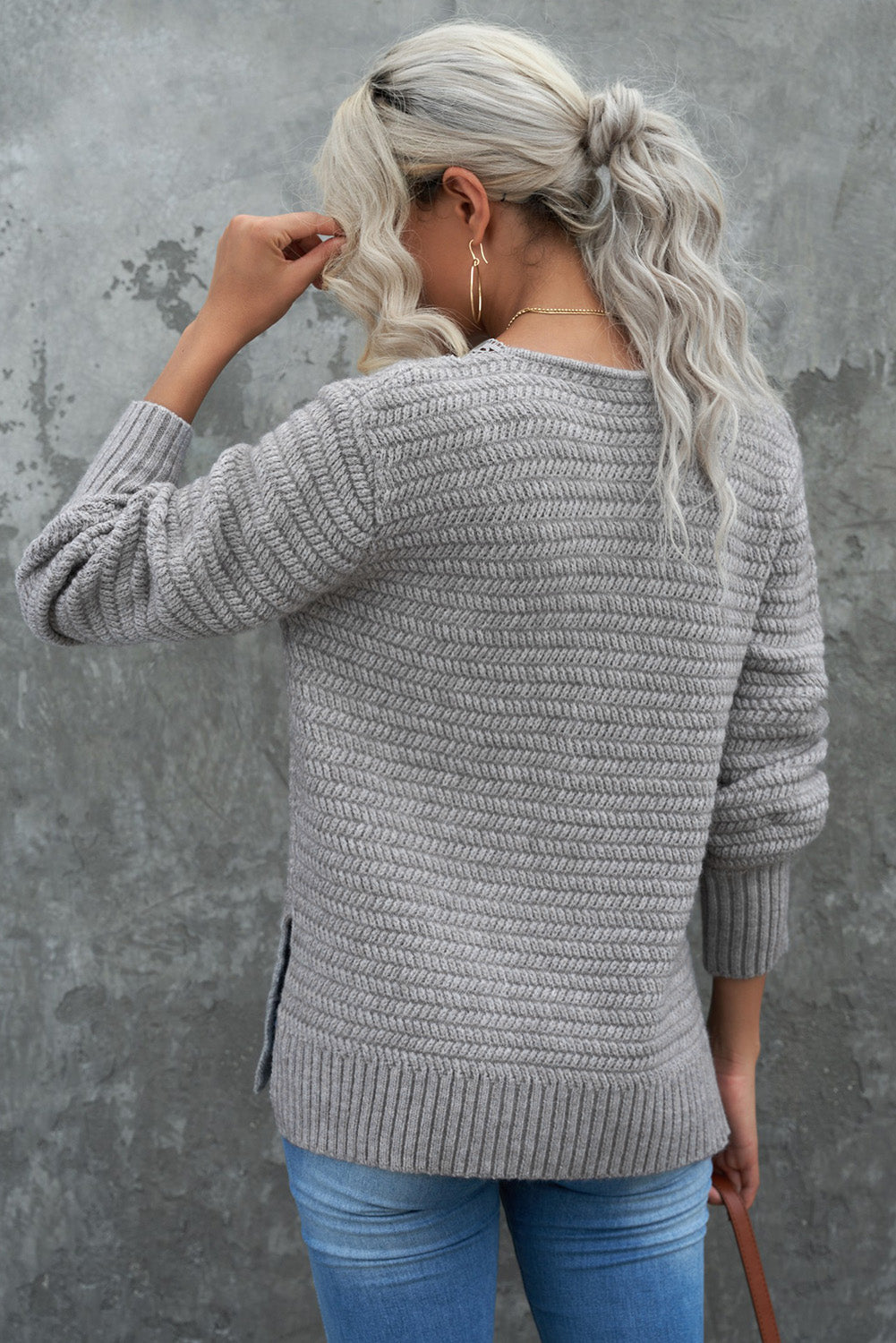 Gray Lace Scalloped V-Neck Side Split Loose Sweater