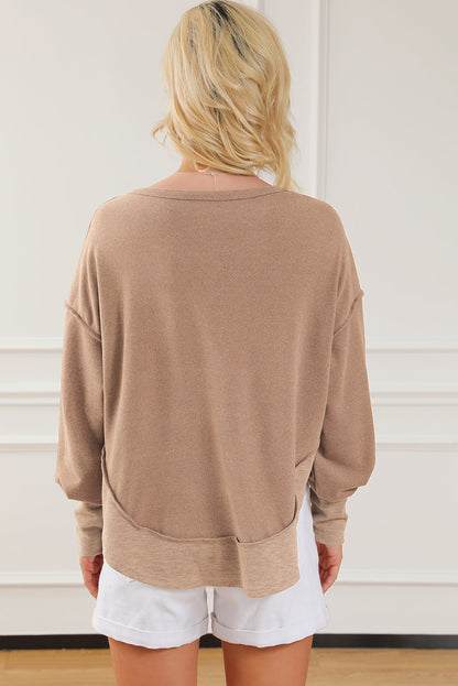 Dark Brown Exposed Seam Ribbed Thumbhole Sleeve Buttoned Sweatshirt