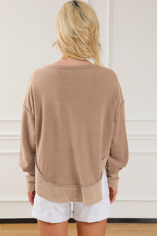 Dark Brown Exposed Seam Ribbed Thumbhole Sleeve Buttoned Sweatshirt