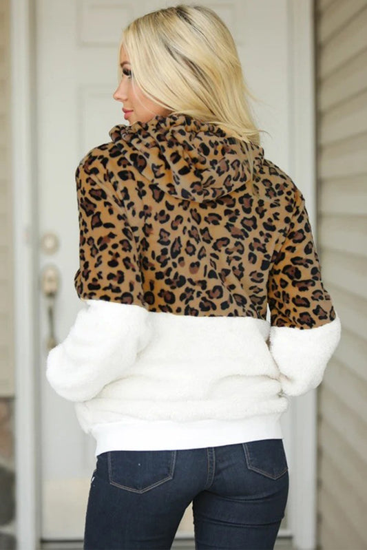 Leopard Color Block Sherpa Zip Up Coat
