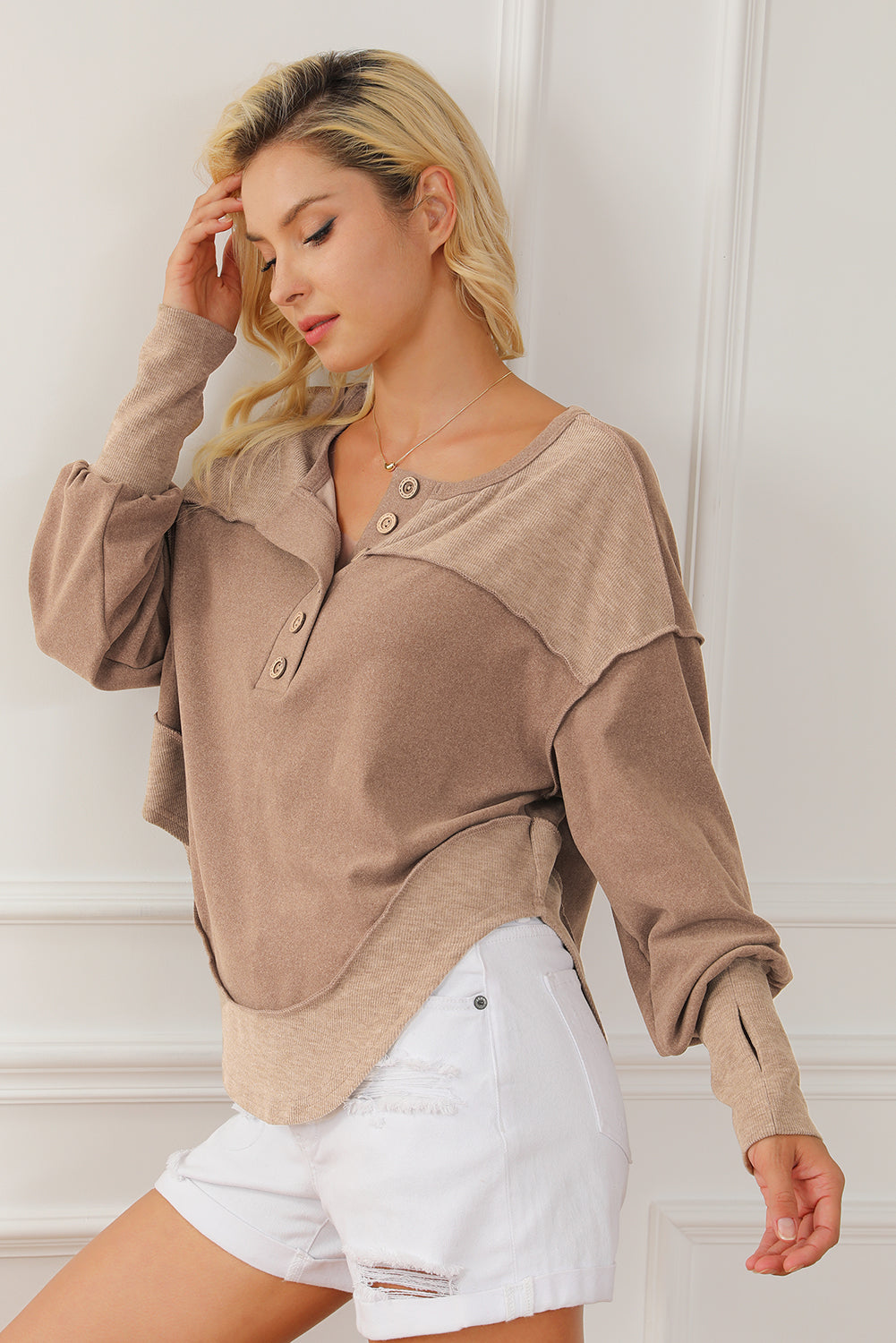 Dark Brown Exposed Seam Ribbed Thumbhole Sleeve Buttoned Sweatshirt