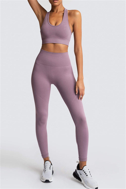 Dark Brown Solid Color Sports Bra and High Waist Leggings Active Set