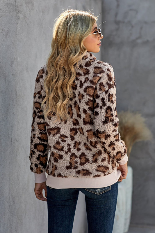 1/4 Zip Elastic Cuff Fashion Print Sherpa Pullover