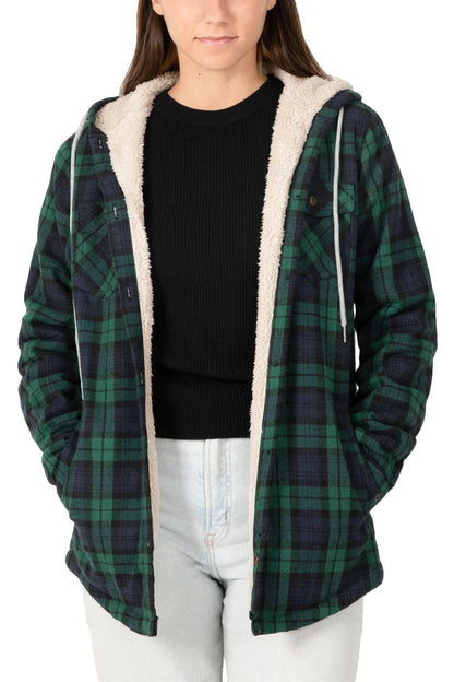 Women's Sherpa Lined Flannel Jacket with Hood, Button Up Plaid