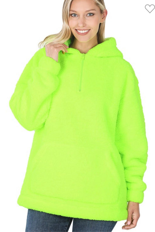 Zenana neon green pullover Sherpa jacket