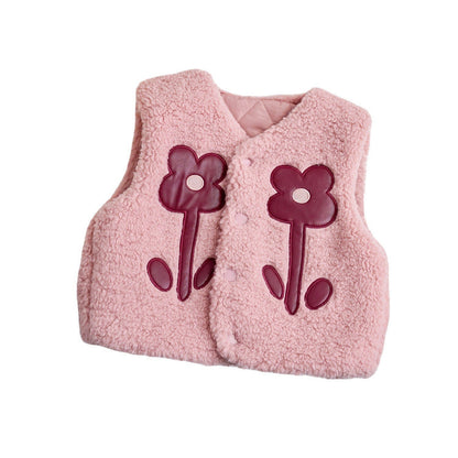 Baby Girl Flower Pattern Quilted Sleeveless Fashion Fur Coat