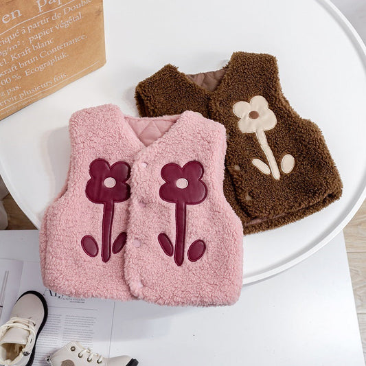 Baby Girl Flower Pattern Quilted Sleeveless Fashion Fur Coat