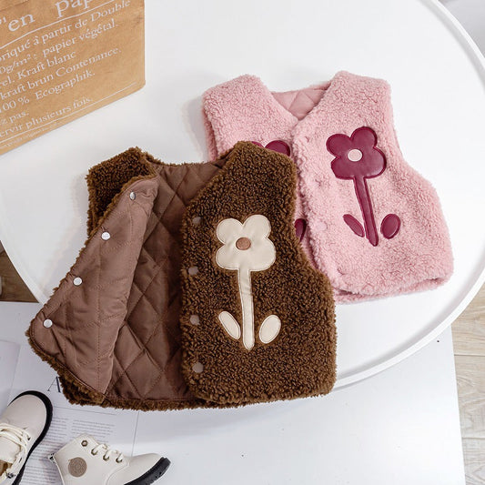 Baby Girl Flower Pattern Quilted Sleeveless Fashion Fur Coat