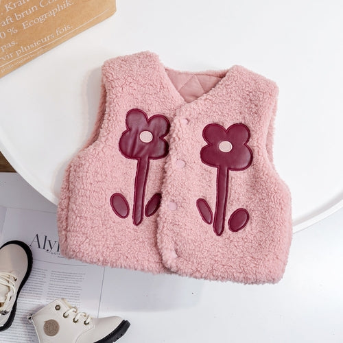 Baby Girl Flower Pattern Quilted Sleeveless Fashion Fur Coat