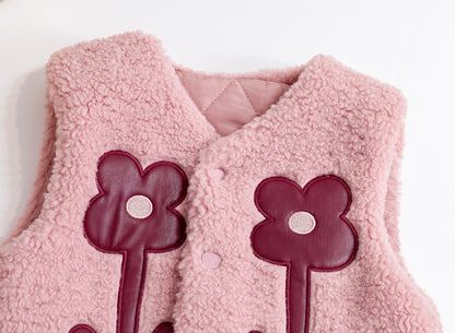 Baby Girl Flower Pattern Quilted Sleeveless Fashion Fur Coat