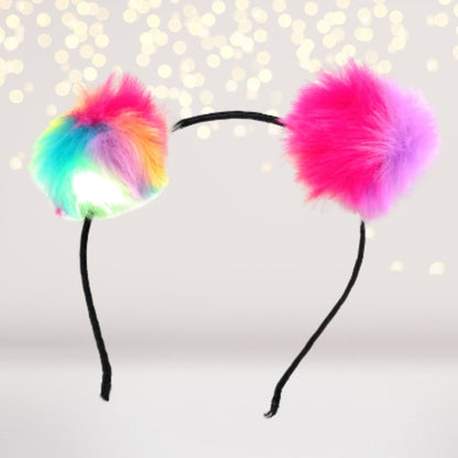 Rainbow Fuzzy Furry Pom Pom Ears Headband