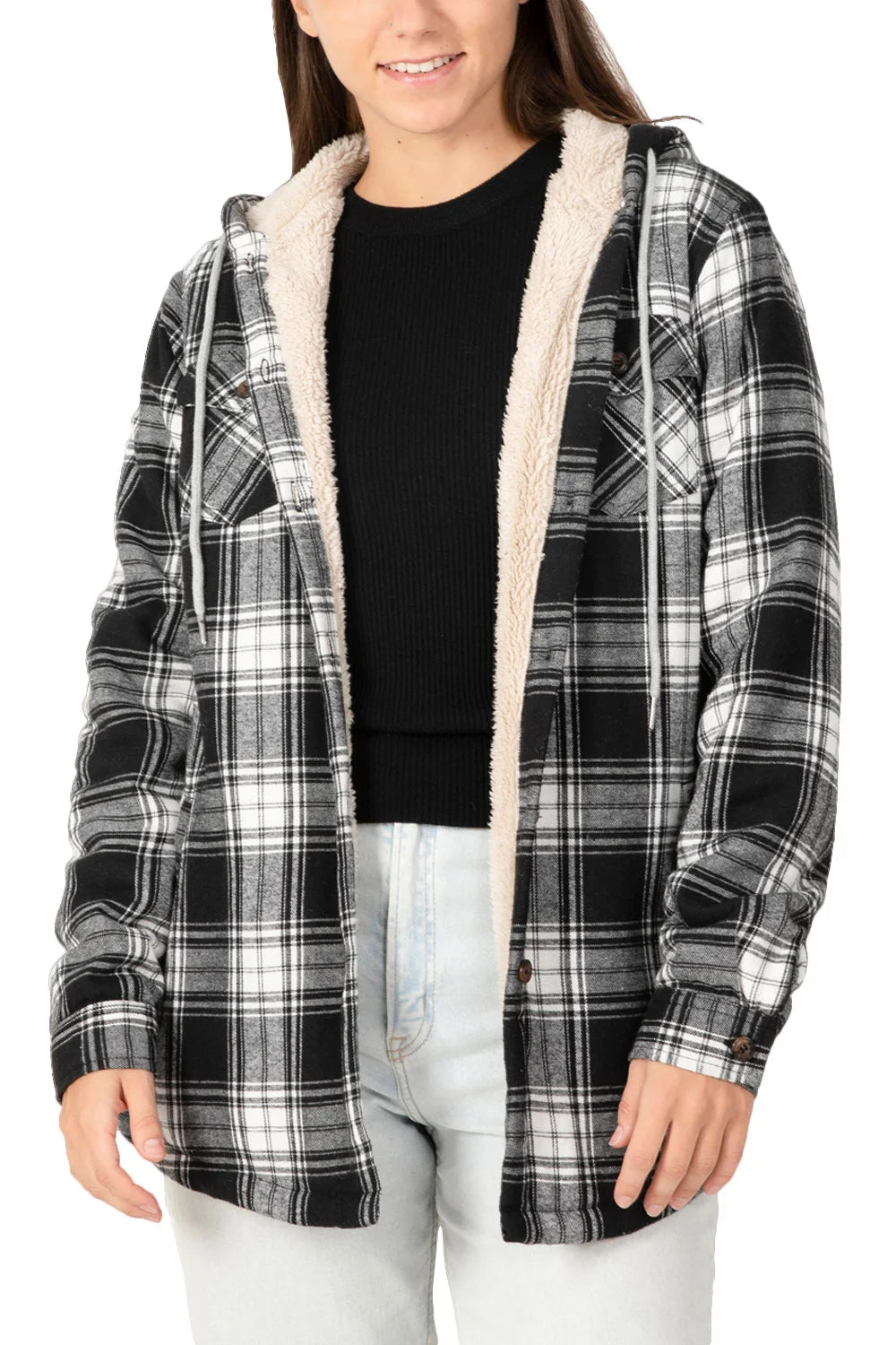 Women's Sherpa Lined Flannel Jacket with Hood, Button Up Plaid