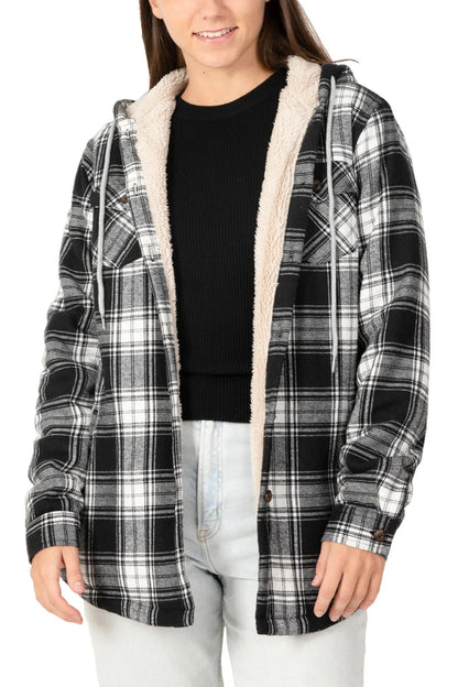 Women's Sherpa Lined Flannel Jacket with Hood, Button Up Plaid