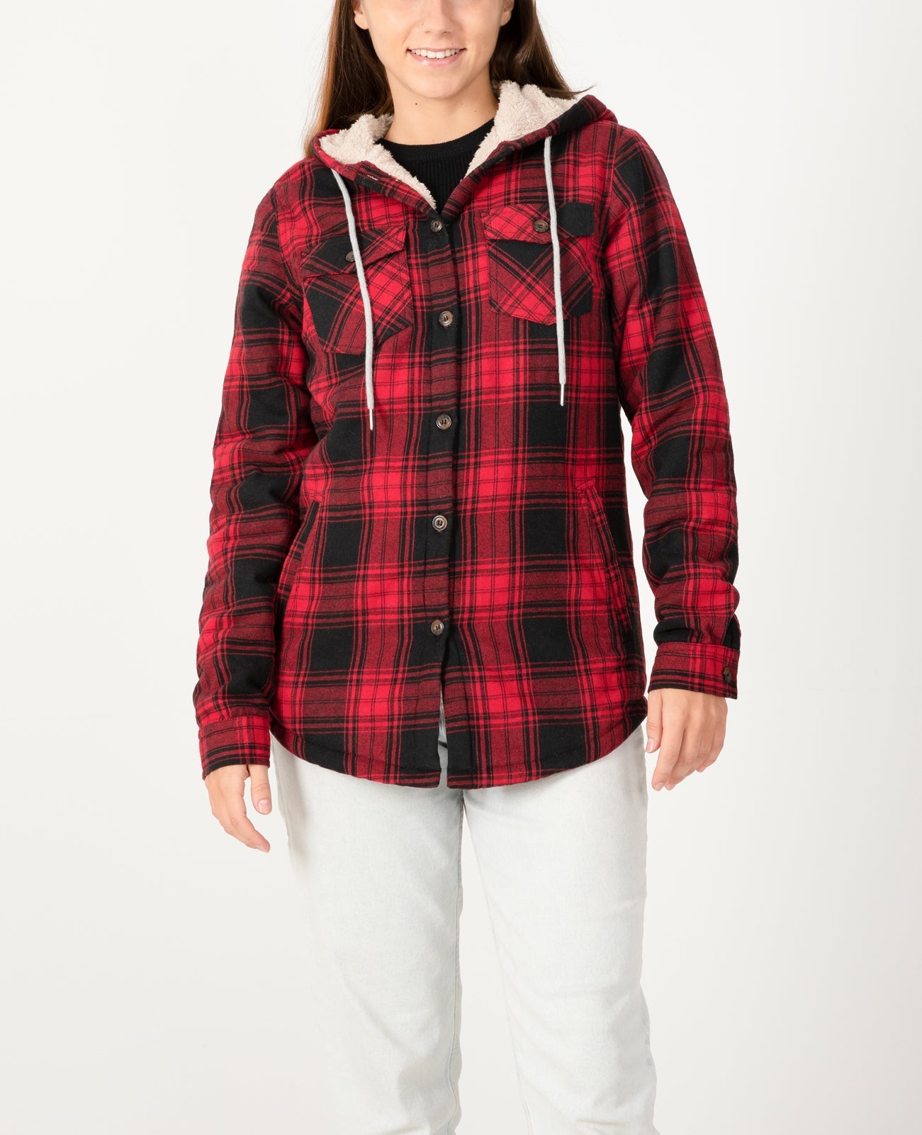 Women's Sherpa Lined Flannel Jacket with Hood, Button Up Plaid