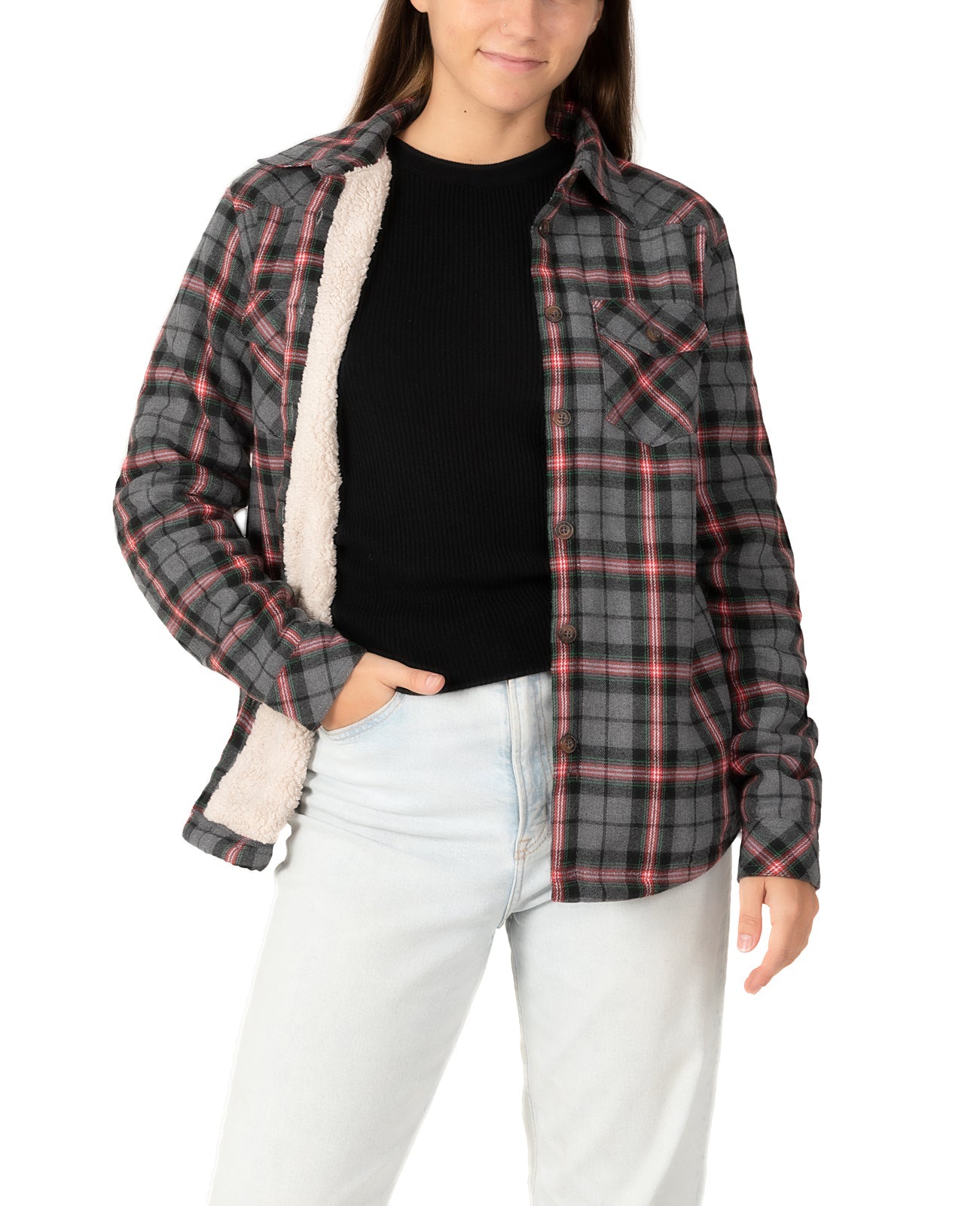 Women's Flannel Shirt Jacket,Sherpa-Lined Plaid