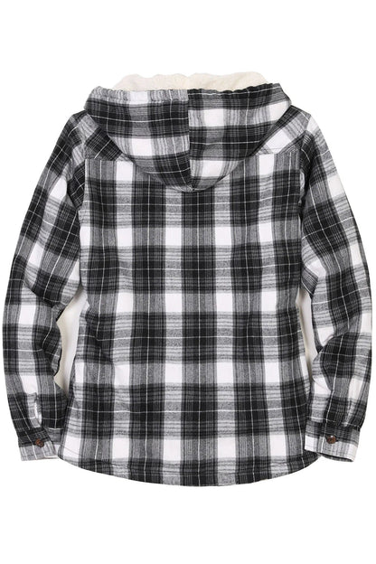 Women's Sherpa Lined Flannel Jacket with Hood, Button Up Plaid
