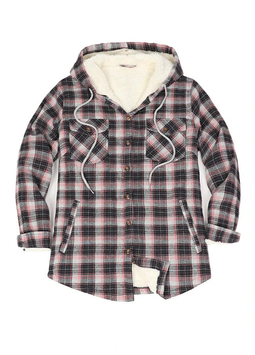 Women's Sherpa Lined Flannel Jacket with Hood, Button Up Plaid